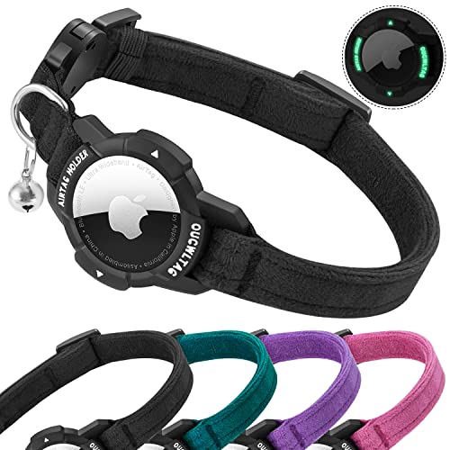 OUCWLTAG Luminous AirTag Cat Collar Breakaway, OUCWLTAG GPS Cat Collar with Apple Air Tag Holder, Cat Tracker Collars with Safety Elastic Band for Girl Boy Cats, Kittens and Puppies (Black, 9-13 Inch) - Image 1