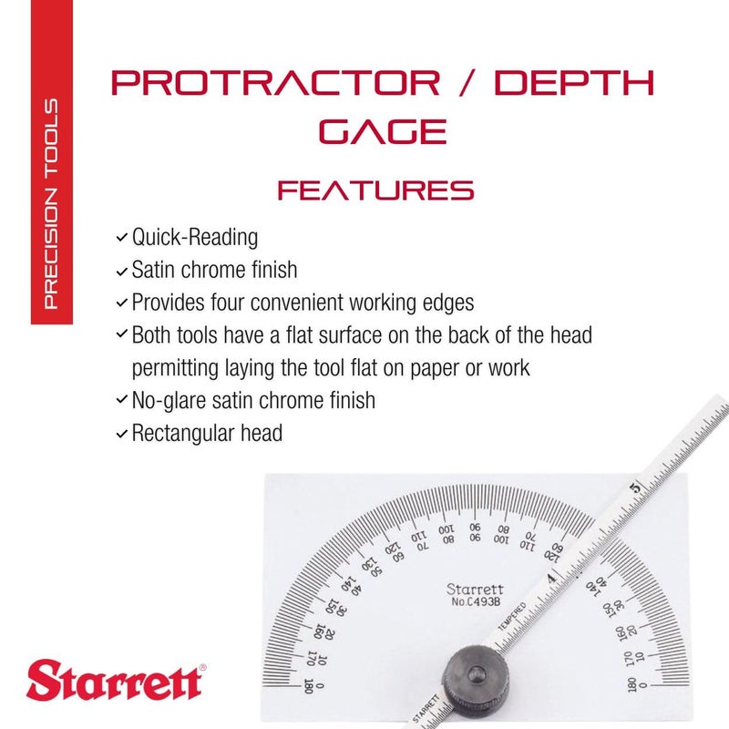 Starrett Starrett Protractor and Depth Gauge Stainless Steel 6Inch Range Versatile Measurement Tool for Angles and Depths  C493B  - Image 2