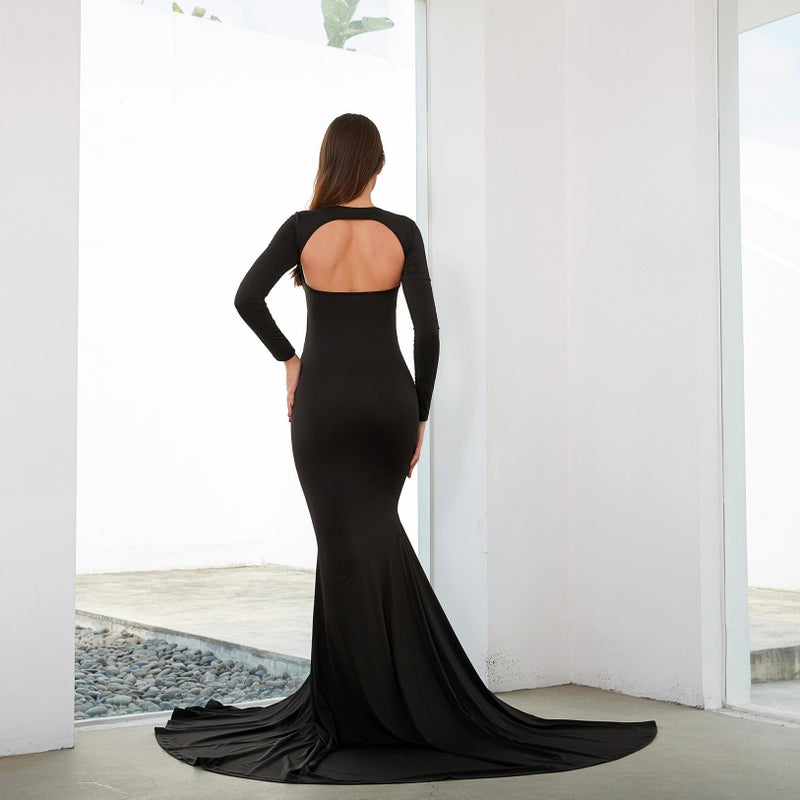 Bhome Maternity Dress for Photoshoot Cut-Out Backless Side Split Maternity Maxi Gown for Photoshoot Black M - Image 4
