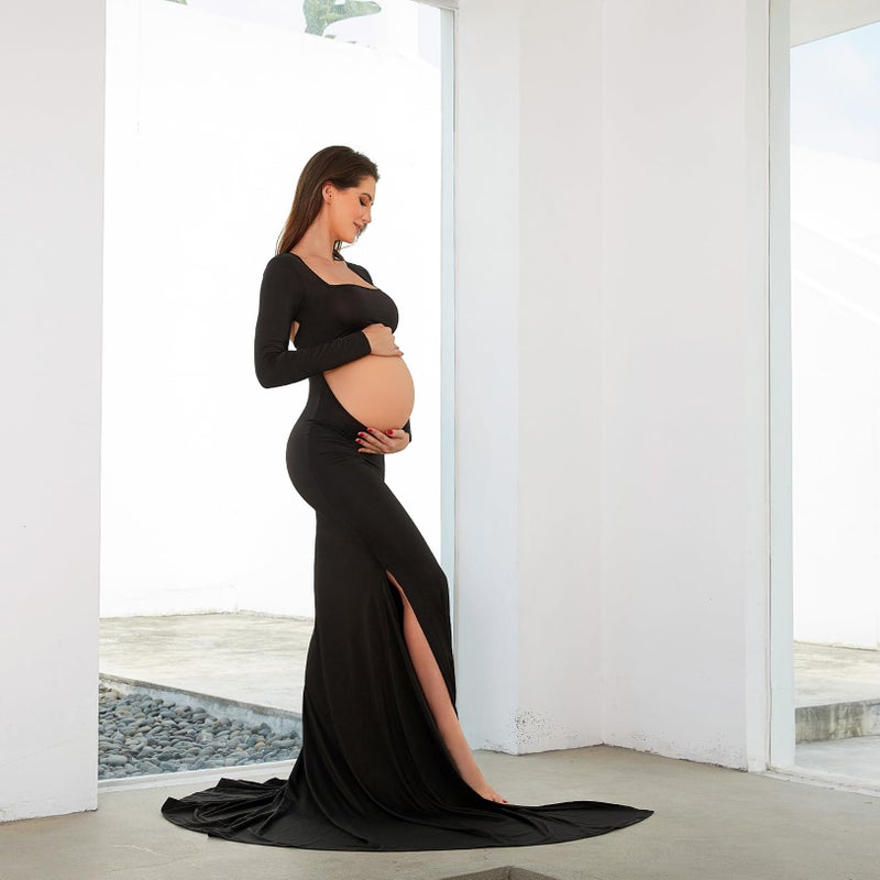 Bhome Maternity Dress for Photoshoot Cut-Out Backless Side Split Maternity Maxi Gown for Photoshoot Black M - Image 3