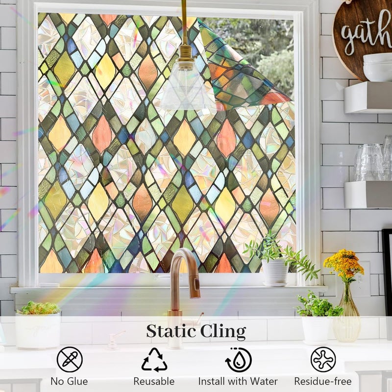 Vanzard Window Privacy Film, Stained Glass Decorative Static Cling UV & Heat Blocking Rainbow Window Film for Glass Doors Kitchen Living Room Bedroom Windows, 17.5 x 78.7 - Image 5