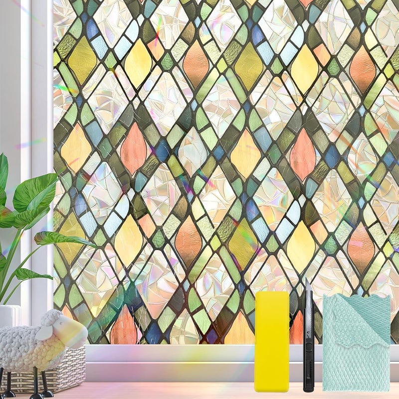 Vanzard Window Privacy Film, Stained Glass Decorative Static Cling UV & Heat Blocking Rainbow Window Film for Glass Doors Kitchen Living Room Bedroom Windows, 17.5 x 78.7 - Image 1