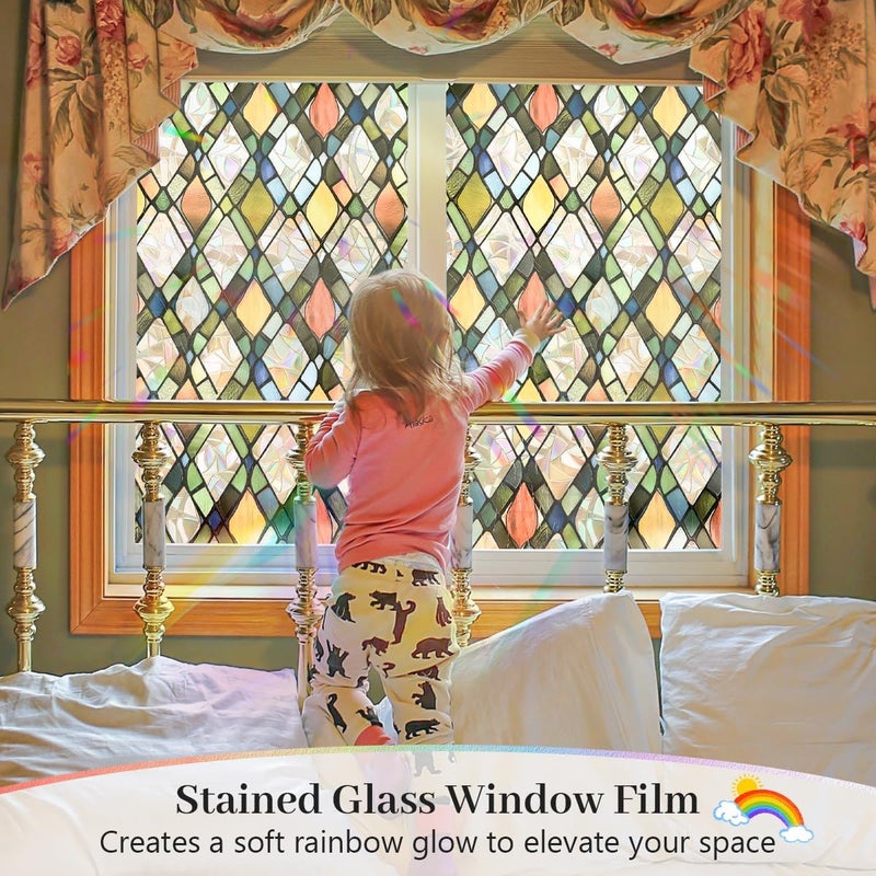 Vanzard Window Privacy Film, Stained Glass Decorative Static Cling UV & Heat Blocking Rainbow Window Film for Glass Doors Kitchen Living Room Bedroom Windows, 17.5 x 78.7 - Image 2
