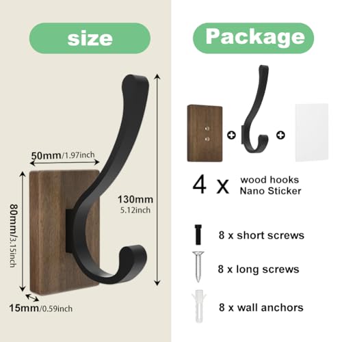 bussdis Wood Wall Hooks for Hanging - 4 Pack Hooks Wall Mounted, Wooden Rustic Farmhouse Heavy Duty Towel Hooks, Hooks for Coats, Towel, Hat, Keys, Purse, Bag and Robe - Image 5