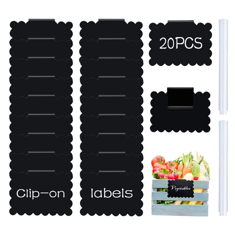badigo 20 Reusable Basket Labels with Clip-On Design, Perfect for Kitchen and Closet Organization, Includes 2 White Chalk Markers - Image 1