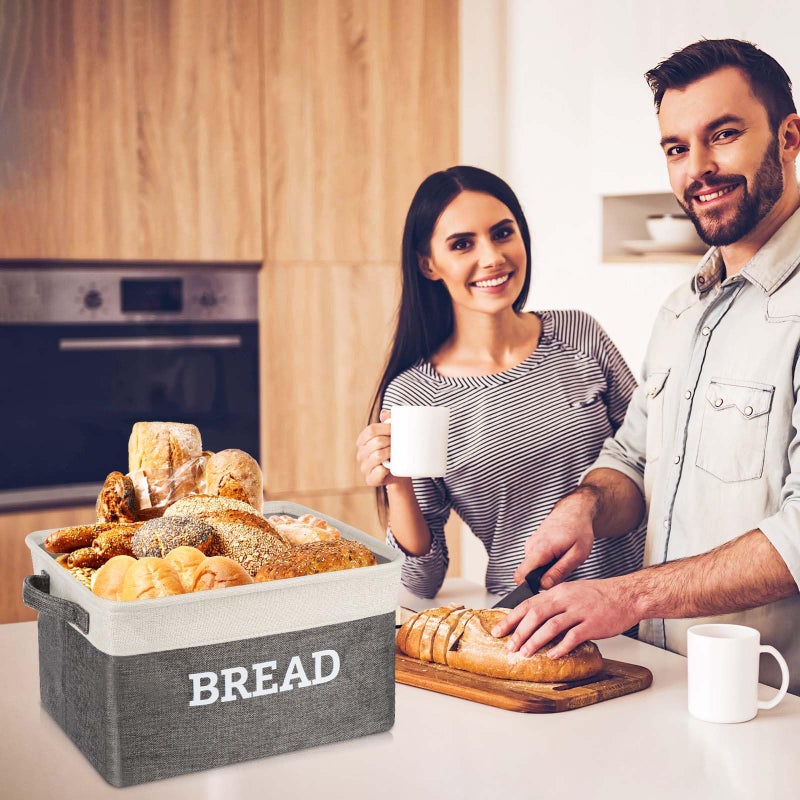 Lukeline Bread Storage Basket for Kitchen, Foldable Fabric Bread Keeper Bread Storage Container Bin with Handles, Bread Baskets for Kitchen Counter and Pantry (White & Grey) - Image 3