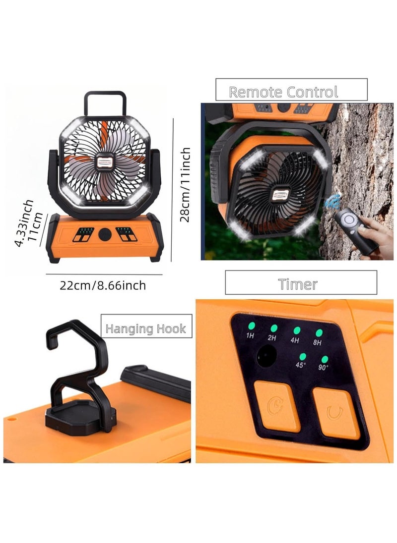16000mAH Rechargeable Camping Fan with LED Lantern and Remote, Hanging Hook for Tents, 4-Speed, Timer, Portable Oscillating Fan for Tent Picnic Outdoor, Desk Fan