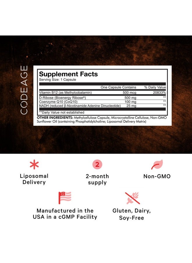 Codeage Codeage Liposomal NADH+ Supplement - NADH, Vitamin B12, D-Ribose as Bioenergy Ribose, CoQ10-2-Month Supply - Liposomal Delivery - β-Nicotinamide Adenine Dinucleotide Pills - Non-GMO - 60 Capsules  - Image 2