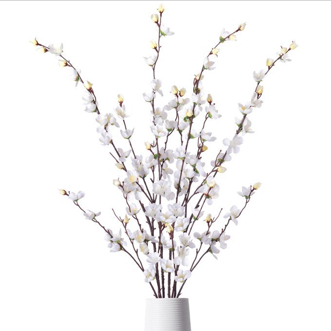 Artificial Faux Plants Flowers Indoor Spring Summer Decor 4 Bundles Fake Silk Plum BlossomFaux Silk Cherry Blossom Branches for Wedding Office Party Hotel Home Decor Vase Not IncludedWhite