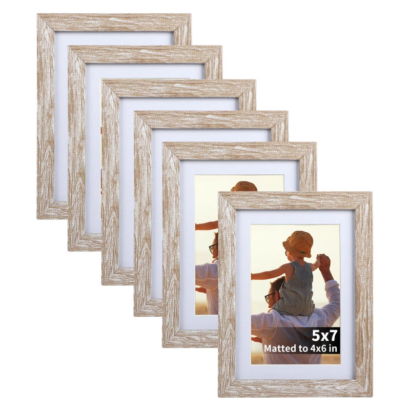 Lavezee 4x6 Picture Frame Set Matted to Display Photos 4x6 with Mat or 5x7 without Mat for Wall and Tabletop Decoration 6 Pack Rustic White Wood Pattern Frames
