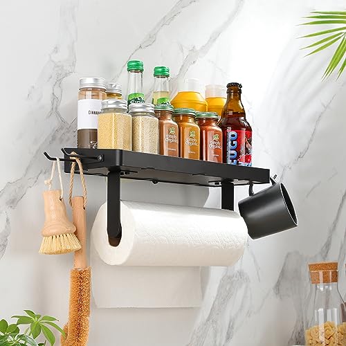 ZUNTO Garage Paper Towel Holder with Shelf, Black Stainless Steel Paper Towel Rack with Hooks, Wall Mount Paper Towel Holder for Kitchen, Garage Organization and Storage - Image 3