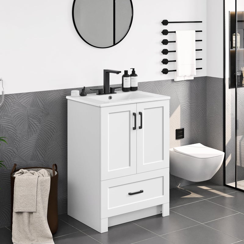 Yaheetech 245 Modern Bathroom Vanity with Ceramic Basin Undermount Vanity Sink Cabinet with 2 Doors and 1 Drawer Free Standing Bathroom Storage Cabinet with Sink Combo Set White