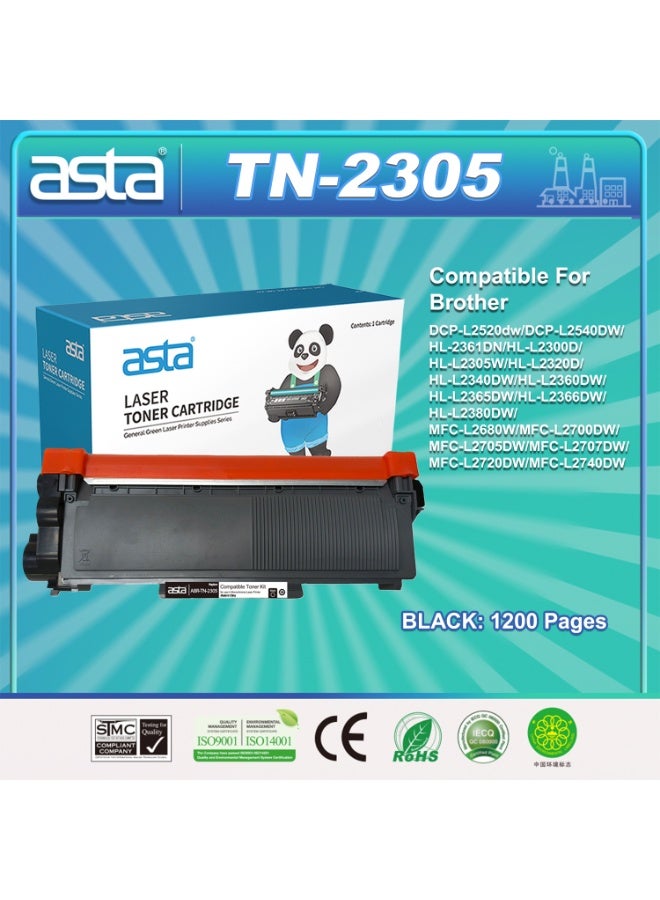 استا خرطوشة حبر أسود ASTA TN-2305 متوافقة مع طابعات Brother Laser Jet وDCP-L2520dw وDCP-L2540DW وHL-2361DN وHL-L2300D وHL-L2305W وHL-L2320D وHL-L2340DW وHL-L2360DW وHL-L2365DW وHL-L2366DW وHL-L2380DW وMFC-L2680W وMFC-L2700DW وMFC-L2705DW وMFC-L2707dw وMFC-L2720DW وMFC-L2740DW. TN2305 متوافقة مع TN 2305. لا يوجد انحشار ورق أو تسرب مسحوق. - Image 1