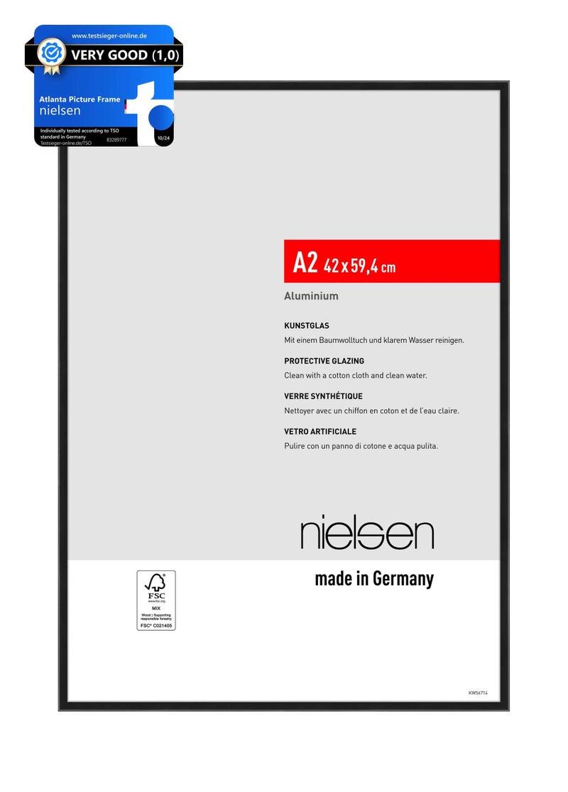 nielsen Atlanta Aluminium Picture Frame Frosted Black A2 42x594 cm with Push and Turn Clips