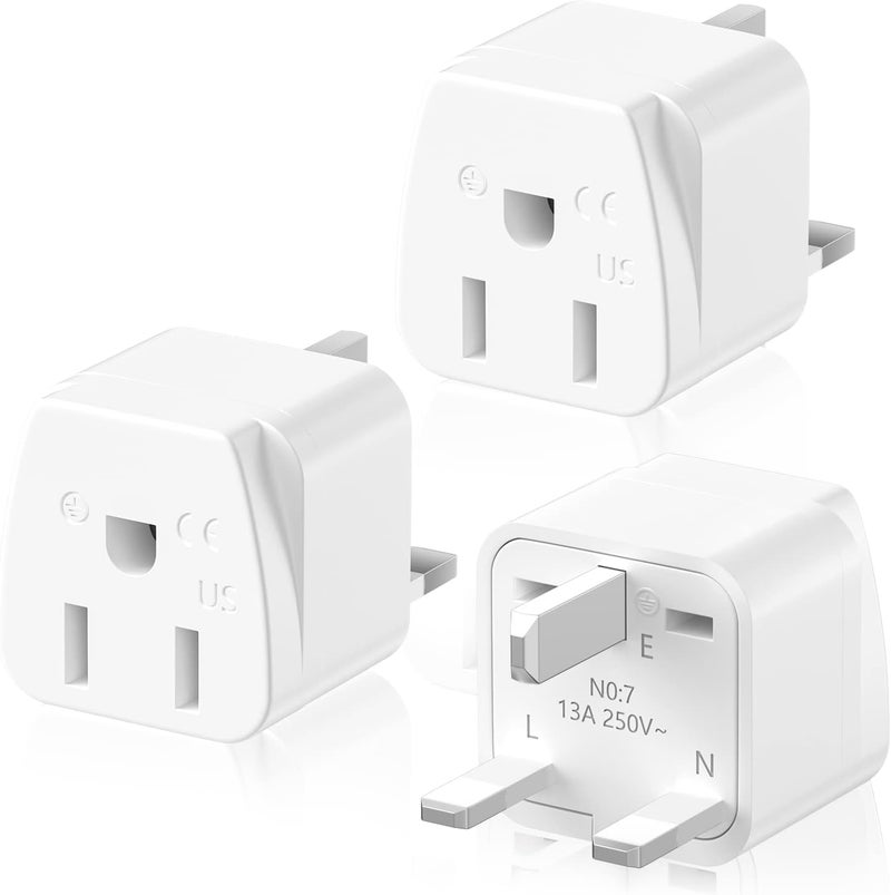 US to UK Plug Adapter 3 Pack, travel adapter 3 Pin UK Plug Adaptor Type G Grounded Plug Converter, Power Adapter for USA/UK Devices, White - Image 1