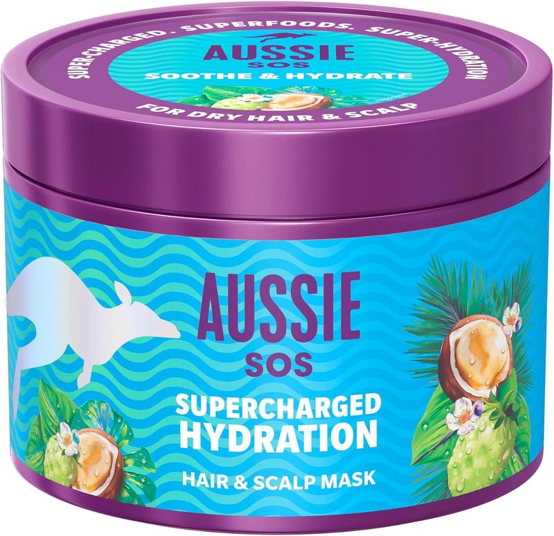 Aussie SOS Supercharged Hydration Scalp Hair Mask Soothe Dry Scalp and Rehydrate Extremely Dry Thirsty Hair 100 Hours of Hydration Leave In Cream or Rinse Out 500ml