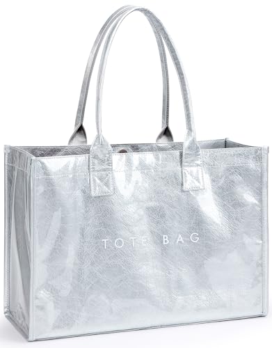 KALIDI FANCY FOREST KALIDI PVC Tote Bag Women’s Kraft Paper Work Handbags Purses with Top Handle,Silver - Image 1