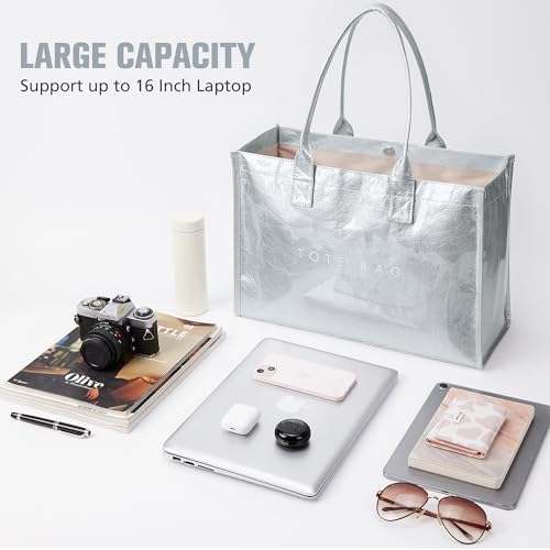 KALIDI FANCY FOREST KALIDI PVC Tote Bag Women’s Kraft Paper Work Handbags Purses with Top Handle,Silver - Image 3
