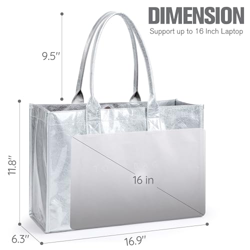 KALIDI FANCY FOREST KALIDI PVC Tote Bag Women’s Kraft Paper Work Handbags Purses with Top Handle,Silver - Image 2