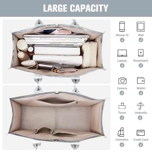 KALIDI FANCY FOREST KALIDI PVC Tote Bag Women’s Kraft Paper Work Handbags Purses with Top Handle,Silver - Image 4