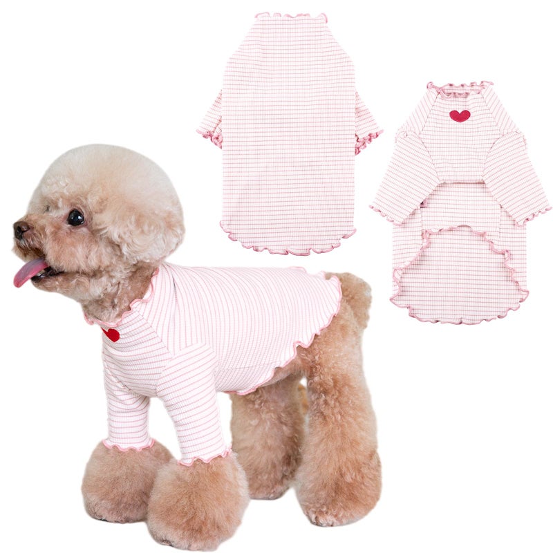 Yaopelky Dog Shirt for Small Medium Dogs Striped T-Shirt with Heart Embroidery Stretchable Ruffle Dog Clothes for Chihuahua Schnauzer Yorkie Shih Tzu (White, Small) - Image 1