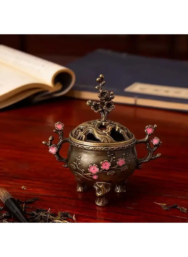 Long Handle Alloy Incense Holder Pink Plum Blossom Design For Yoga And Meditation - Image 1