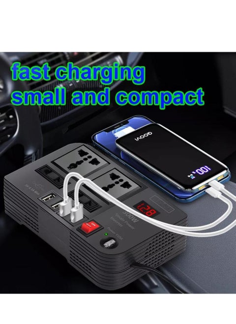 Efficient 300W Car Inverter: Converts 12V/24V DC to 220V AC with 4 USB Ports for Quick Charging and 2 Universal Sockets, Complete with LED Display