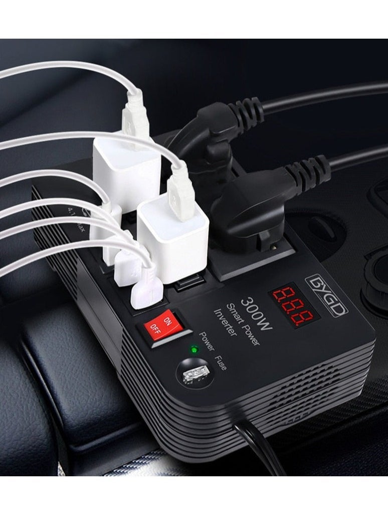 Generic - Efficient 300W Car Inverter: Converts 12V/24V DC to 220V AC with 4 USB Ports for Quick Charging and 2 Universal Sockets, Complete with LED Display - Image 1