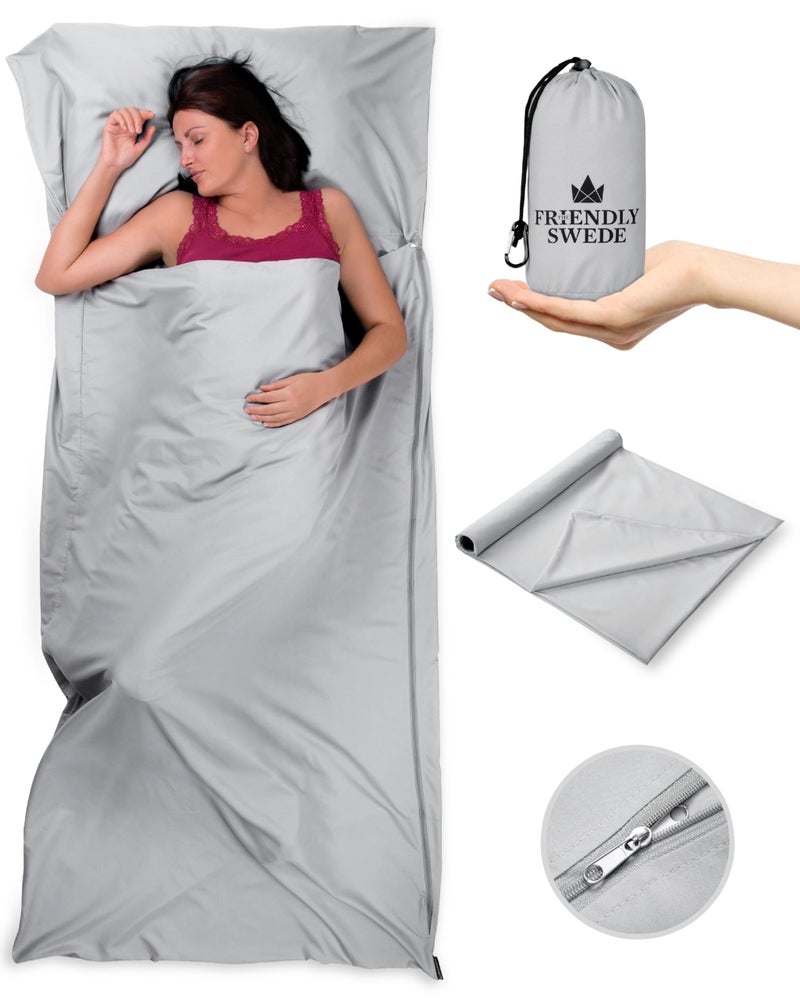 The Friendly Swede Sleeping Bag Liner - Cold Weather Camping Sheets & Adult Sleep Sack with Full Length Zipper; Microfiber Cotton Feel Soft Sheets with Stuff Sack - Grey (Zipper) - Image 1
