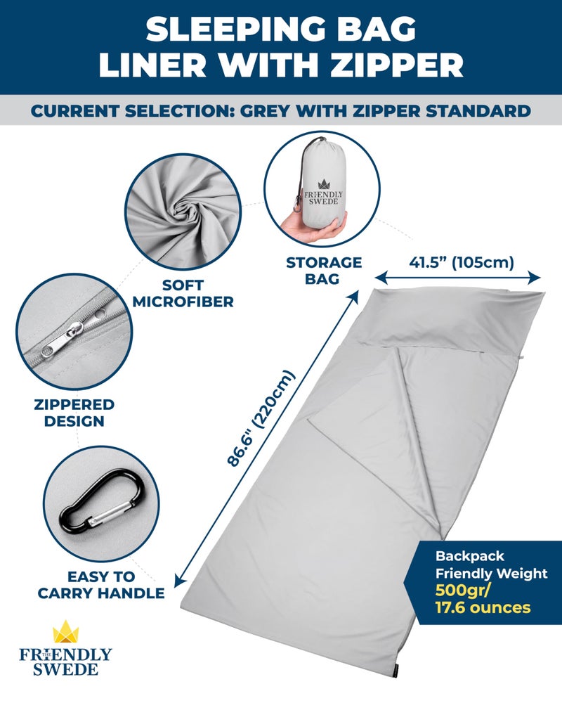 The Friendly Swede Sleeping Bag Liner - Cold Weather Camping Sheets & Adult Sleep Sack with Full Length Zipper; Microfiber Cotton Feel Soft Sheets with Stuff Sack - Grey (Zipper) - Image 3