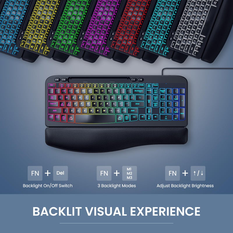 VEILZOR Wired Ergonomic Keyboard, 7-Color Backlit USB Computer Keyboard with Wrist Rest, Wave Keys, Phone Holder, Lighted Keyboard Compatible with PC, Laptop, Windows, and Mac - Image 2