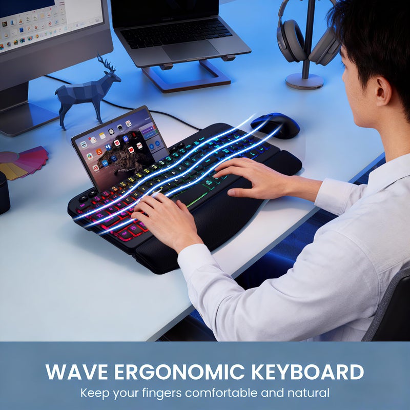 VEILZOR Wired Ergonomic Keyboard, 7-Color Backlit USB Computer Keyboard with Wrist Rest, Wave Keys, Phone Holder, Lighted Keyboard Compatible with PC, Laptop, Windows, and Mac - Image 5