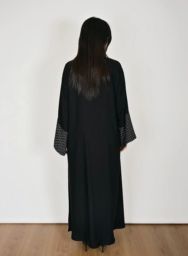Hawraa Abaya Black Wrap Abaya with Polka Dot Chiffon Detailing and a Soft Flared Silhouette