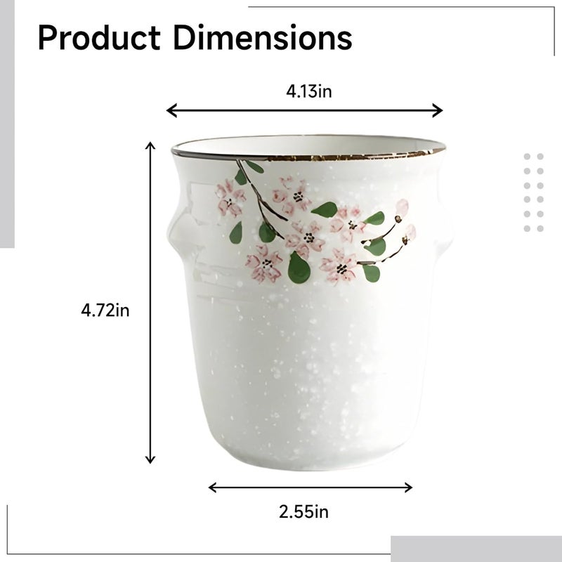 Ceramic Utensil Holder, White, Japanese Style Hand-Painted Sakura, High-Temperature Glazed Chopstick Cutlery Drainer with Base, 4.1 X 4.7 in - Image 4