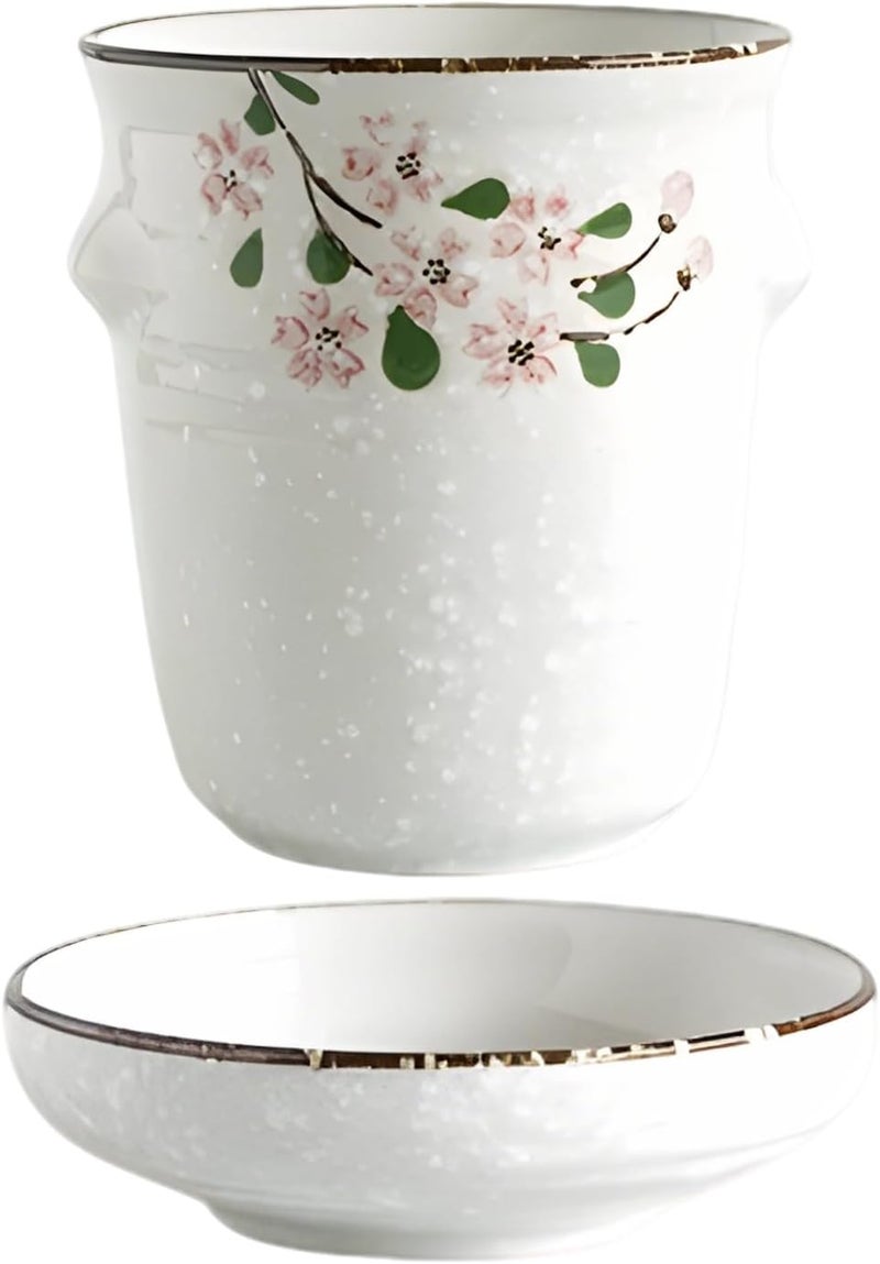 Ceramic Utensil Holder, White, Japanese Style Hand-Painted Sakura, High-Temperature Glazed Chopstick Cutlery Drainer with Base, 4.1 X 4.7 in - Image 1