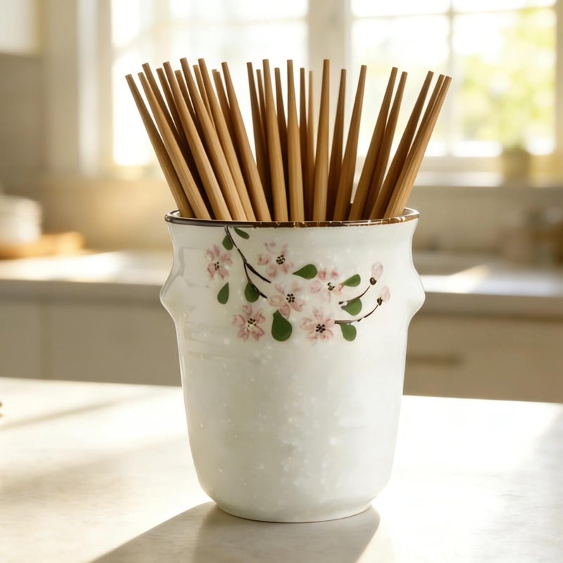 Ceramic Utensil Holder, White, Japanese Style Hand-Painted Sakura, High-Temperature Glazed Chopstick Cutlery Drainer with Base, 4.1 X 4.7 in - Image 3