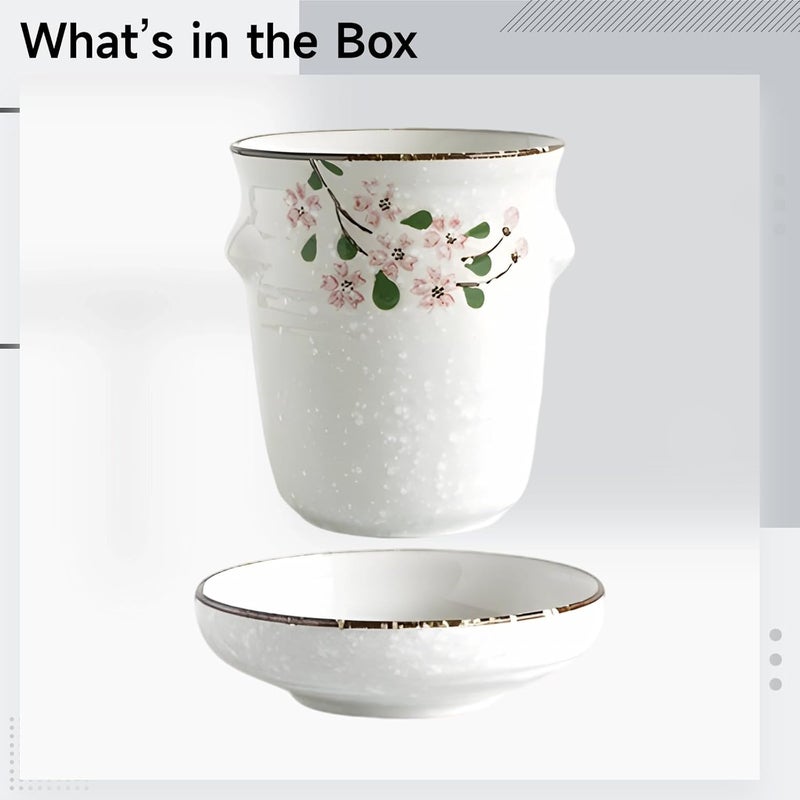 Ceramic Utensil Holder, White, Japanese Style Hand-Painted Sakura, High-Temperature Glazed Chopstick Cutlery Drainer with Base, 4.1 X 4.7 in - Image 5