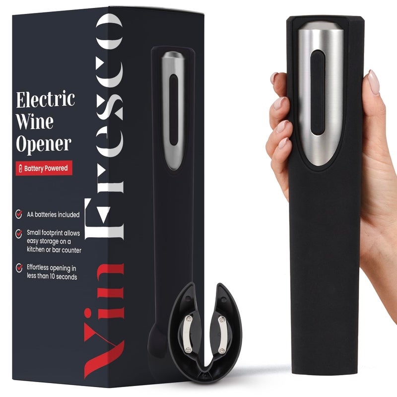Electric Wine Opener Battery Operated with Stand and Built-in Foil Cutter - Automatic Wine Opener - Electric Corkscrew for Easy Cork Removal - Best Gift for Wine Lover (Black & Silver)