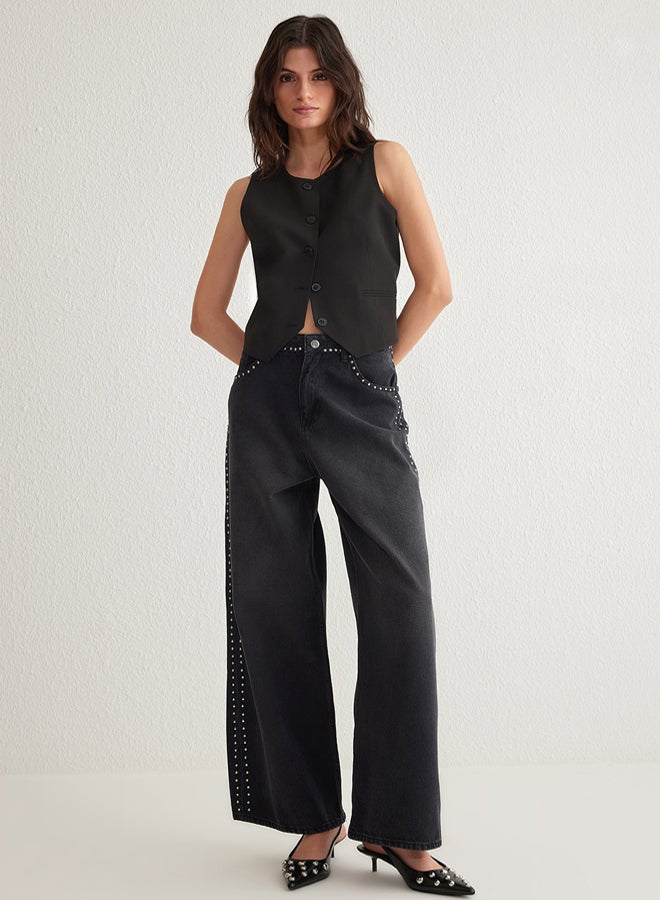 trendyol Black Silver Troc Stone Normal Waist Extra Wide Leg Palazzo Jeans - Image 1