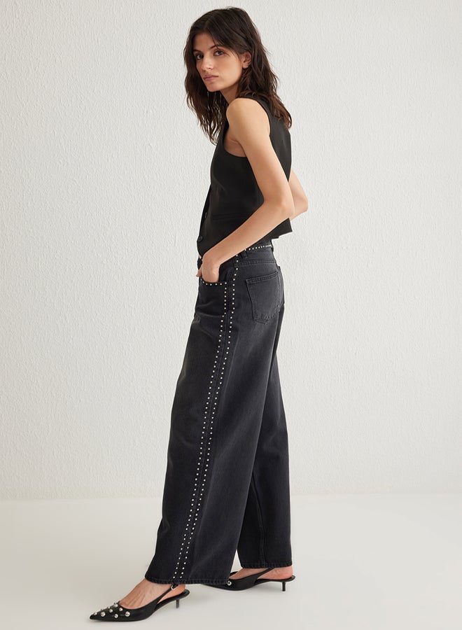 trendyol Black Silver Troc Stone Normal Waist Extra Wide Leg Palazzo Jeans - Image 2