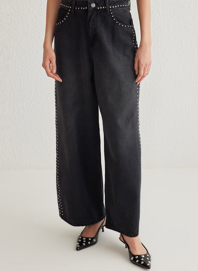 trendyol Black Silver Troc Stone Normal Waist Extra Wide Leg Palazzo Jeans - Image 3