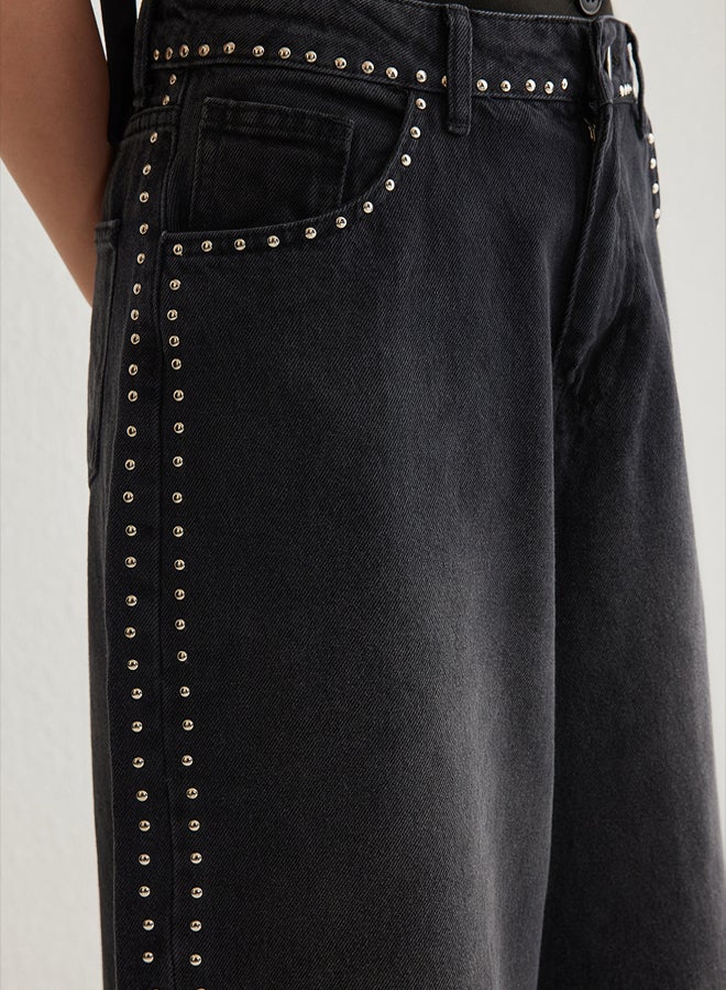 trendyol Black Silver Troc Stone Normal Waist Extra Wide Leg Palazzo Jeans - Image 4