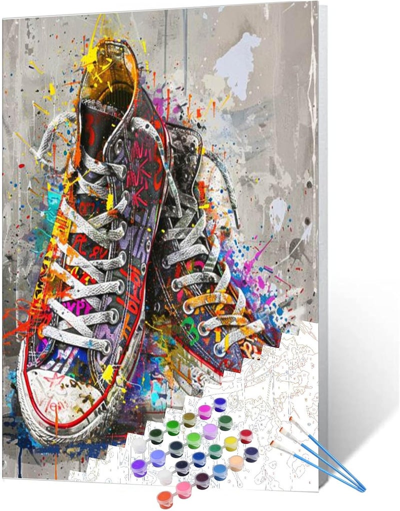 Tucocoo Banksy Street Style Sneakers Paint by Number Graffiti Shoes Painting DIY Painting on Canvas with Brushes Acrylic Paints Paint by Numbers for Adults and Kids Beginner DIY Kit 16x20 Inchwithout Frame - Image 1