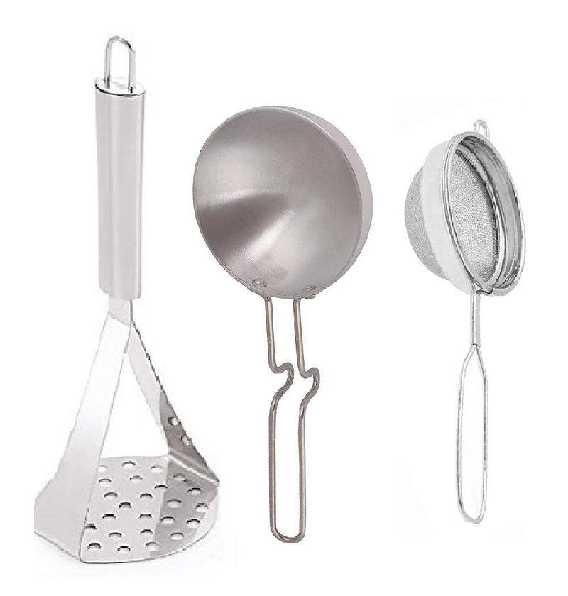 Wofier Wofier Stainless Steel Kitchen Combo Set of Potato Vegetables Pav Bhaji Masher Aluminium Tadka Pan Double Mesh Tea Strainer Set of 3  - Image 1