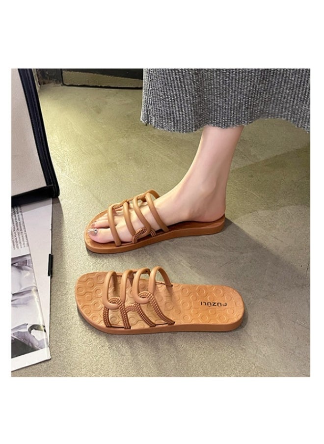 NIBEMINENT Fashion Hollow Out Flat Bottom Slippers Soft Sole PU Leather Slippers Women Casual Anti Slip Slides Sandals Summer  - Image 2