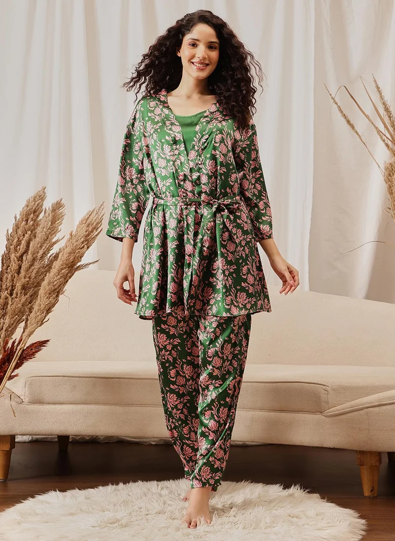 كلوفيا Clovia 3 Pc Set in Fern Green - Cami Top, Pyjama & Robe - Satin