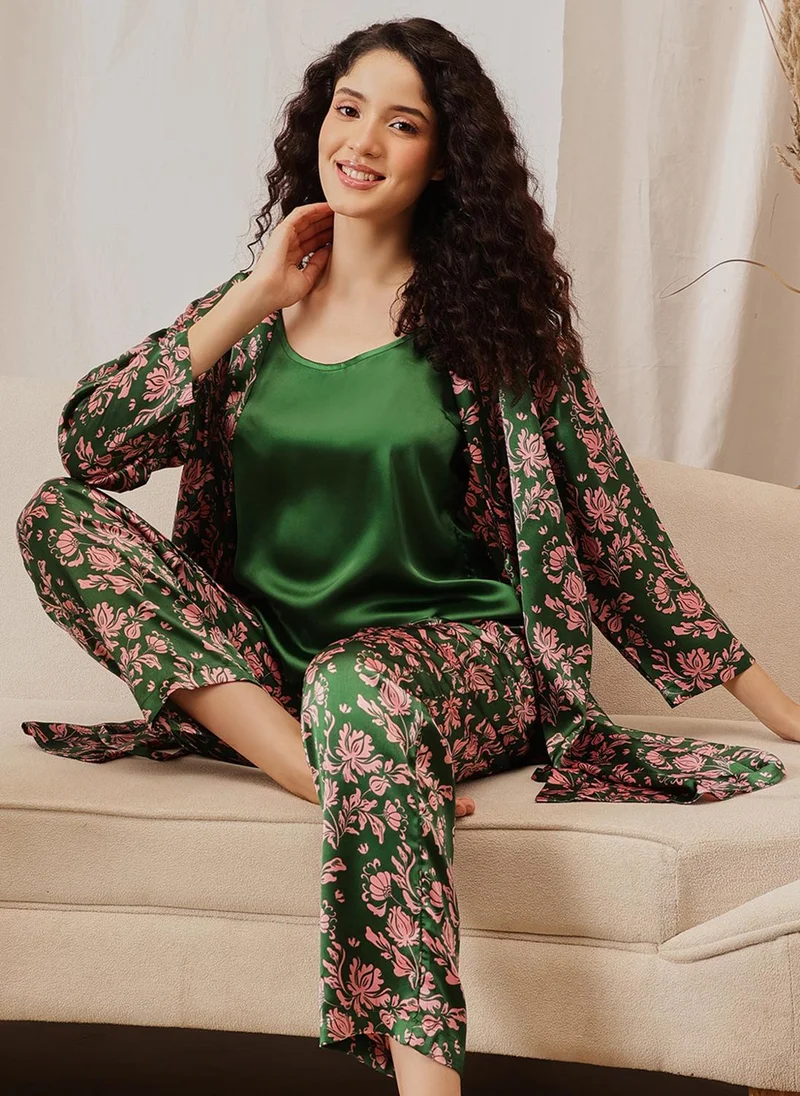 كلوفيا Clovia 3 Pc Set in Fern Green - Cami Top, Pyjama & Robe - Satin