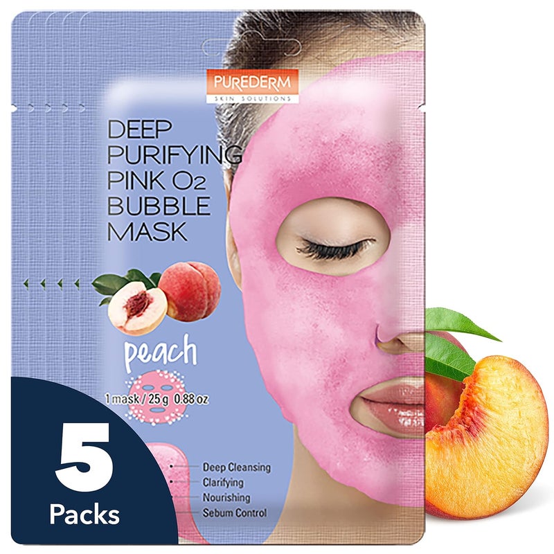 Purederm Deep Purifying Pink O2 Bubble Mask Peach 5 Pack  Bubble Face Sheet Mask for Purifying  Moisturizing