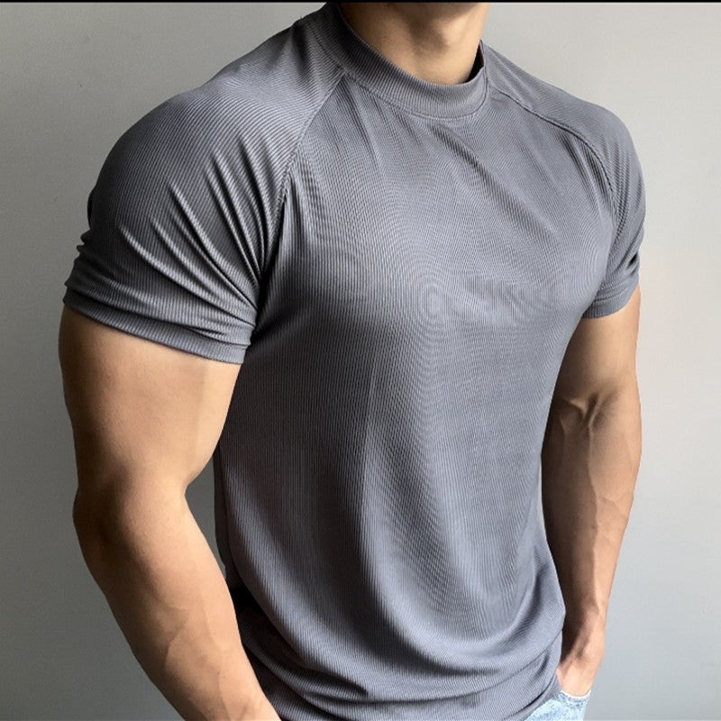 Summer Sports Outdoor Training Short-sleeved Men's Slim-fit Elastic Quick-drying Raglan Sleeves Small Collar T-shirt Solid Color Breathable Trendy - Image 3
