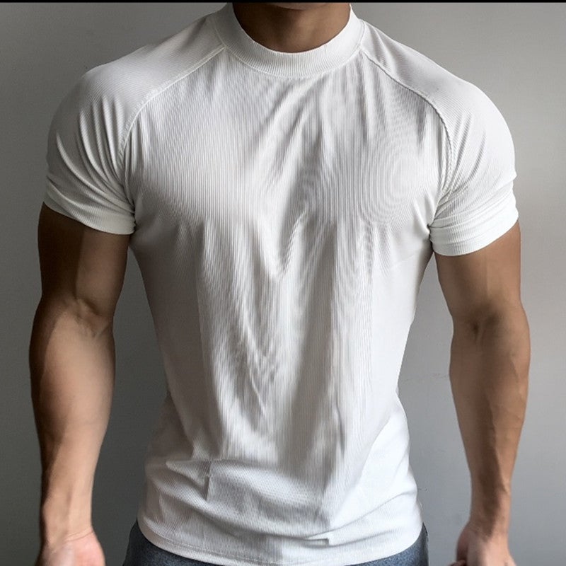 Summer Sports Outdoor Training Short-sleeved Men's Slim-fit Elastic Quick-drying Raglan Sleeves Small Collar T-shirt Solid Color Breathable Trendy - Image 1